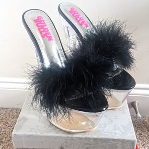 Black Feather Slide Mules with Clear Platform